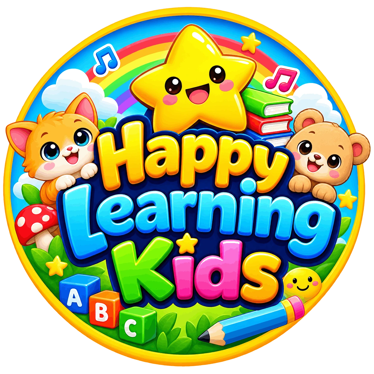 Happy Learning Kids circular badge logo with smiling star mascot, cat, and bear surrounded by a rainbow