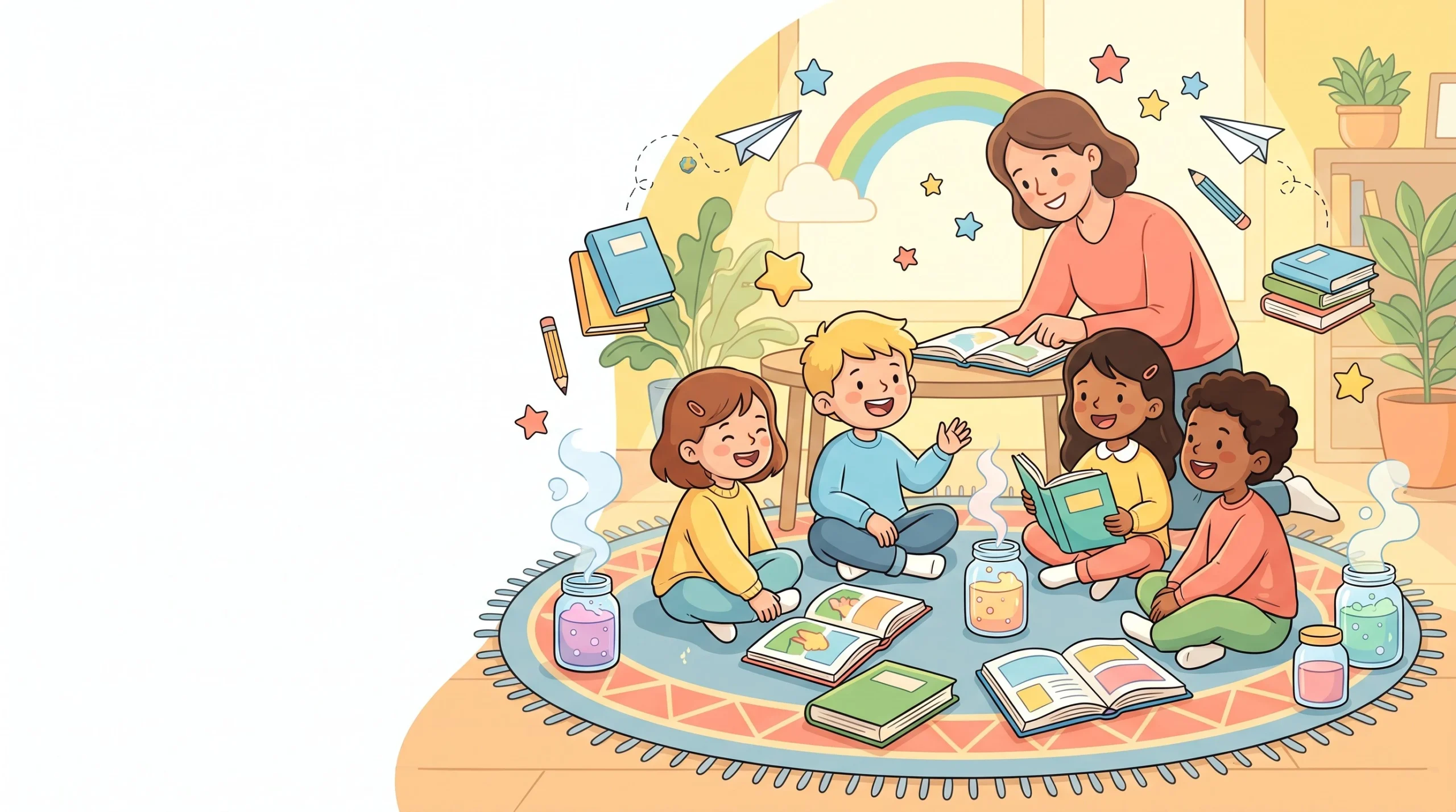 Parent helping two children learn at home