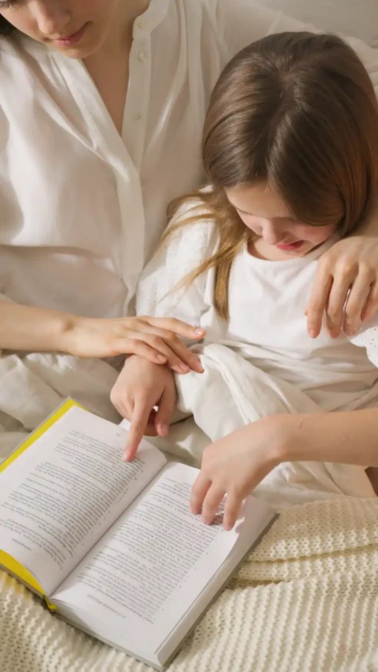 Smiling mother lying in bed reading a picture book together with her young child, cozy morning moment